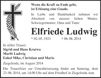 Traueranzeige von Elfriede Ludwig von WVG - Wochenspiegel Merseburg
