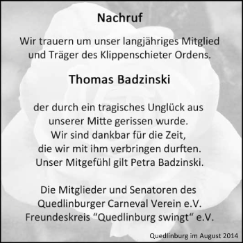 Traueranzeige von Thomas Badzinski von Super Sonntag Quedlinburg