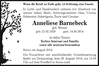 Traueranzeige von Anneliese Barnebeck von WVG - Wochenspiegel Dessau / Köthen