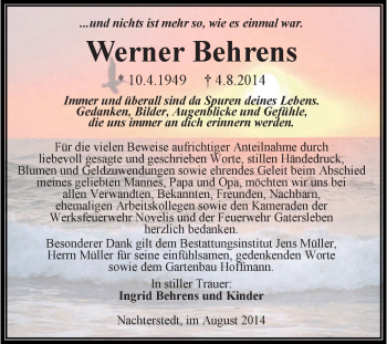 Traueranzeige von Werner Behrens von Super Sonntag Aschersleben