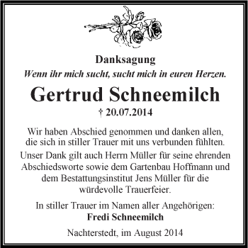 Traueranzeige von Gertrud Schneemilch von Super Sonntag Aschersleben