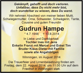 Traueranzeige von Gudrun Hampe von Super Sonntag Aschersleben