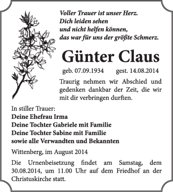 Traueranzeige von Günter Claus von WVG - Wochenspiegel Wittenberg