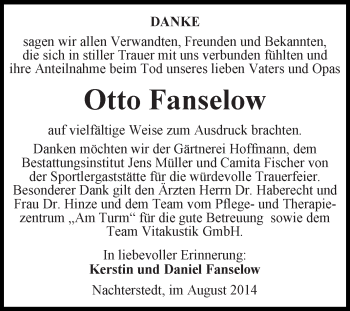 Traueranzeige von Otto Fanselow von Super Sonntag Aschersleben
