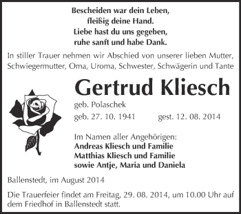 Traueranzeige von Gertrud Kliesch von WVG - Wochenspiegel Quedlinburg