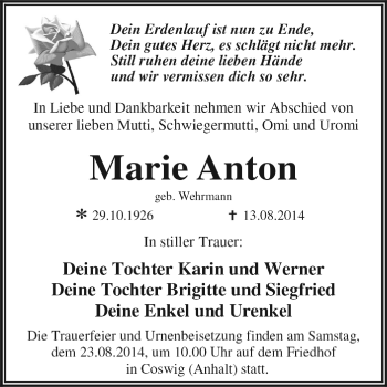Traueranzeige von Marie Anton von WVG - Wochenspiegel Dessau / Köthen