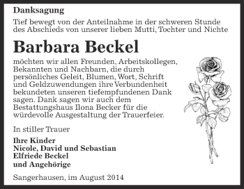 Traueranzeige von Barbara Beckel von Super Sonntag SGH Mansf. Land