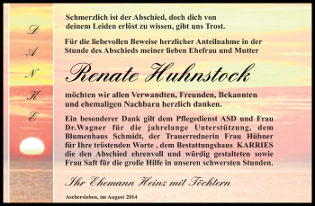 Traueranzeige von Renate Huhnstock von WVG - Wochenspiegel Quedlinburg