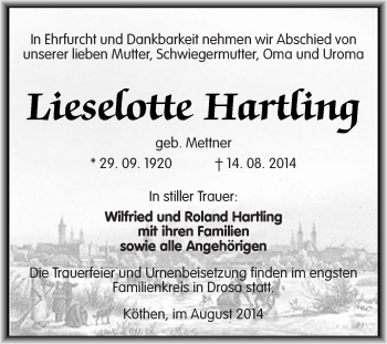 Traueranzeige von Lieselotte Hartling von WVG - Wochenspiegel Dessau / Köthen