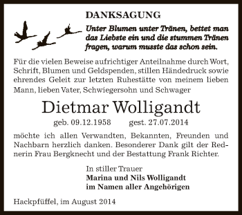 Traueranzeige von Dietmar Wolligandt von Super Sonntag SGH Mansf. Land