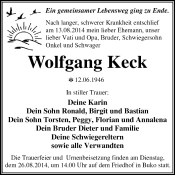 Traueranzeige von Wolfgang Keck von Super Sonntag Dessau / Köthen