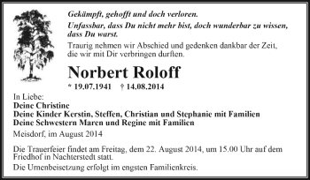 Traueranzeige von Norbert Roloff von Super Sonntag Aschersleben