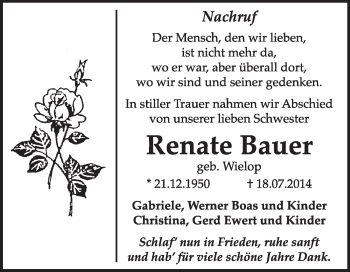 Traueranzeige von Renate Bauer von Super Sonntag Dessau / Köthen