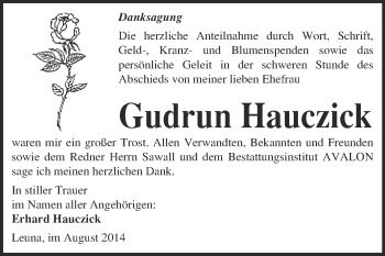 Traueranzeige von Gudrun Hauczick von WVG - Wochenspiegel Merseburg