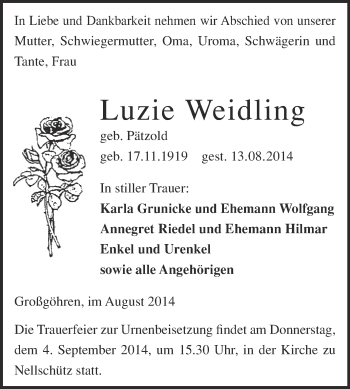 Traueranzeige von Luzie Weidling von Super Sonntag Merseburg