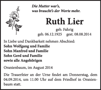 Traueranzeige von Ruth Lier von WVG - Wochenspiegel Wittenberg