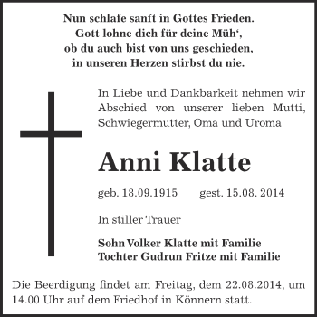 Traueranzeige von Anni Klatte von WVG - Wochenspiegel Bernburg