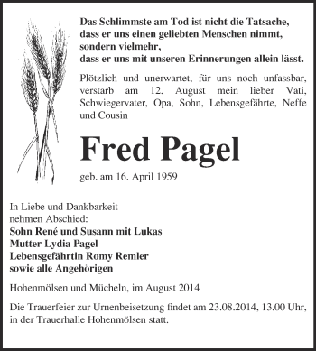 Traueranzeige von Fred Pagel von WVG - Wochenspiegel NMB / WSF / ZTZ
