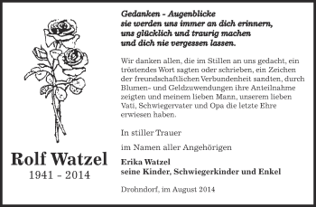 Traueranzeige von Rolf Watzel von WVG - Wochenspiegel Aschersleben