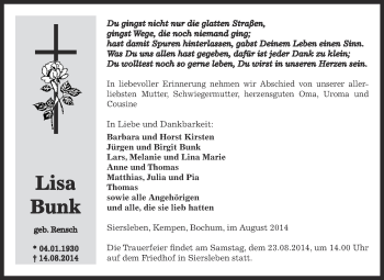 Traueranzeige von Lisa Bunk von WVG - Wochenspiegel SGH