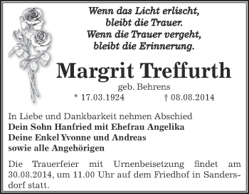 Traueranzeige von Margrit Treffurth von WVG - Wochenspiegel Bitterfeld