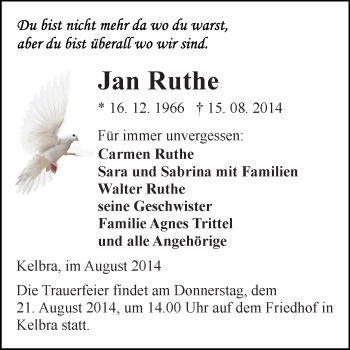 Traueranzeige von Jan Ruthe von WVG - Wochenspiegel SGH
