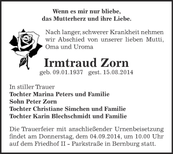 Traueranzeige von Irmtraud Zorn von Super Sonntag Bernburg