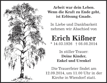 Traueranzeige von Erich Kißner von Super Sonntag Bernburg