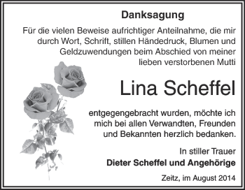 Traueranzeige von Lina Scheffel von Super Sonntag Zeitz