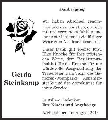 Traueranzeige von Gerda Steinkamp von WVG - Wochenspiegel Aschersleben