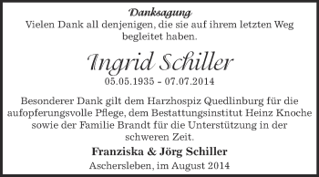 Traueranzeige von Ingrid Schiller von WVG - Wochenspiegel Aschersleben