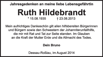 Traueranzeige von Ruth Hildebrandt von Super Sonntag Dessau / Köthen