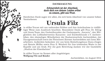 Traueranzeige von Ursula Filz von Super Sonntag Aschersleben