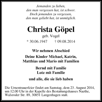 Traueranzeige von Christa Göpel von WVG - Wochenspiegel Quedlinburg