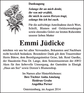 Traueranzeige von Emmi Jüdicke von Super Sonntag Dessau / Köthen