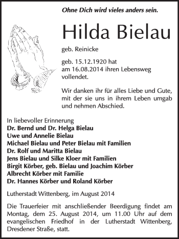 Traueranzeige von Hilda Bielau von WVG - Wochenspiegel Wittenberg