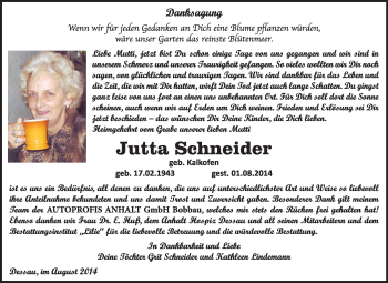 Traueranzeige von Jutta Schneider von Super Sonntag Dessau / Köthen