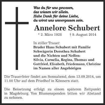 Traueranzeige von Annelore Schubert von Super Sonntag Bernburg