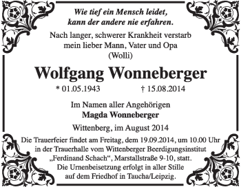 Traueranzeige von Wolfgang Wonneberger von WVG - Wochenspiegel Wittenberg
