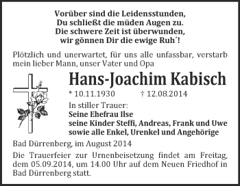 Traueranzeige von Hans-Joachim Kabisch von Super Sonntag Merseburg
