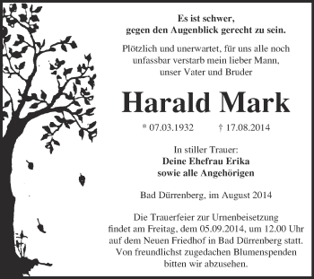 Traueranzeige von Harald Mark von Super Sonntag Merseburg