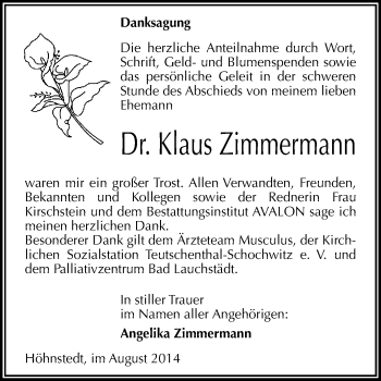 Traueranzeige von Klaus Zimmermann von WVG - Wochenspiegel Merseburg