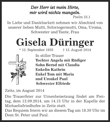 Traueranzeige von Gisela Düringer von Super Sonntag Zeitz