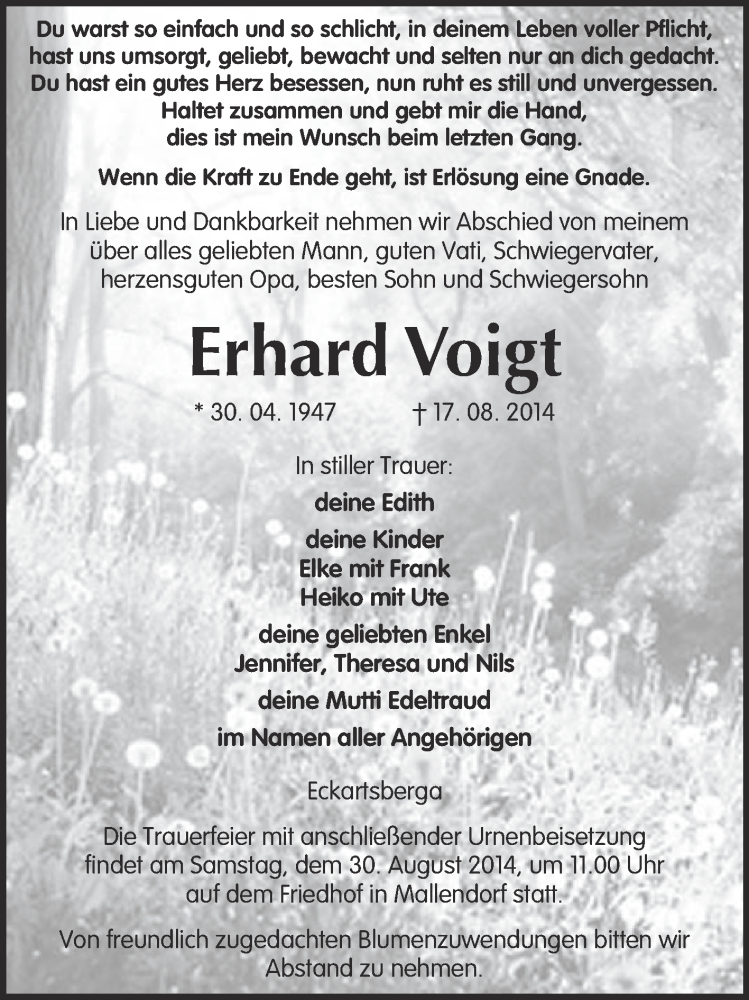  Traueranzeige für Erhard Voigt vom 27.08.2014 aus WVG - Wochenspiegel NMB / WSF / ZTZ