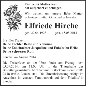 Traueranzeige von Elfriede Hirche von WVG - Wochenspiegel NMB / WSF / ZTZ