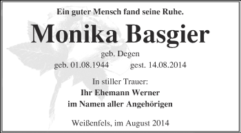 Traueranzeige von Monika Basgier von WVG - Wochenspiegel NMB / WSF / ZTZ