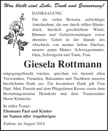 Traueranzeige von Giesela Rottmann von WVG - Wochenspiegel NMB / WSF / ZTZ