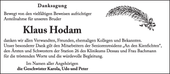 Traueranzeige von Klaus Hodam von Super Sonntag Dessau / Köthen