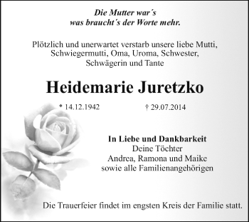 Traueranzeige von Heidemarie Juretzko von Super Sonntag Dessau / Köthen