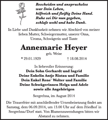 Traueranzeige von Annemarie Heyer von WVG - Wochenspiegel Wittenberg